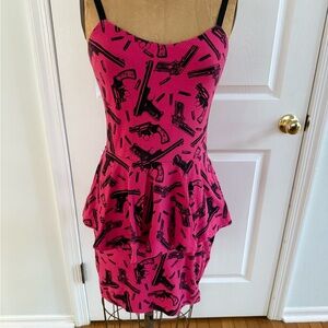 Betsey Johnson Vibrant Pink Dress with Black Gun Pattern